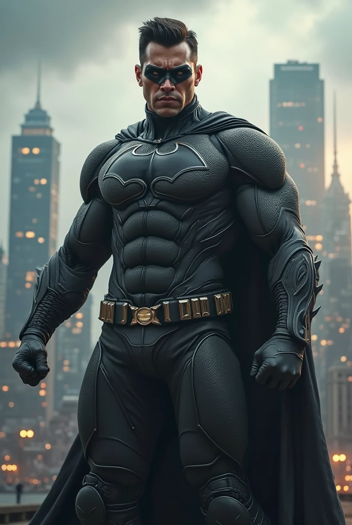 La black superman highly graphics image , badass charismatic hero , muscular hunk , black superman suit , white skin colour I mean , no dark tone , sunny day not cloudy day 