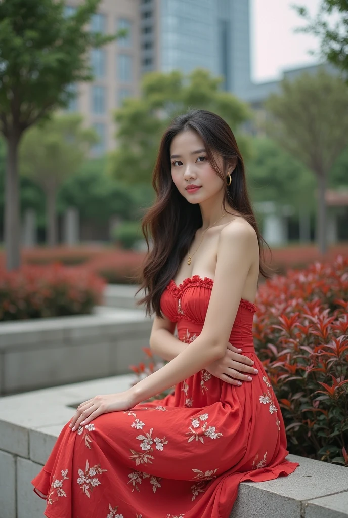 Masterworks, best picture quality, top quality, high details, perfect hand, top shot, full body, exquisite facial features, this is the perfect face, an 18 year old Chinese woman, glowing skin, long shiny black hair, a small nose, fine black eyes, a magnificent smile, a red dress with neckline, black heels, in a magnificent sunny landscape
