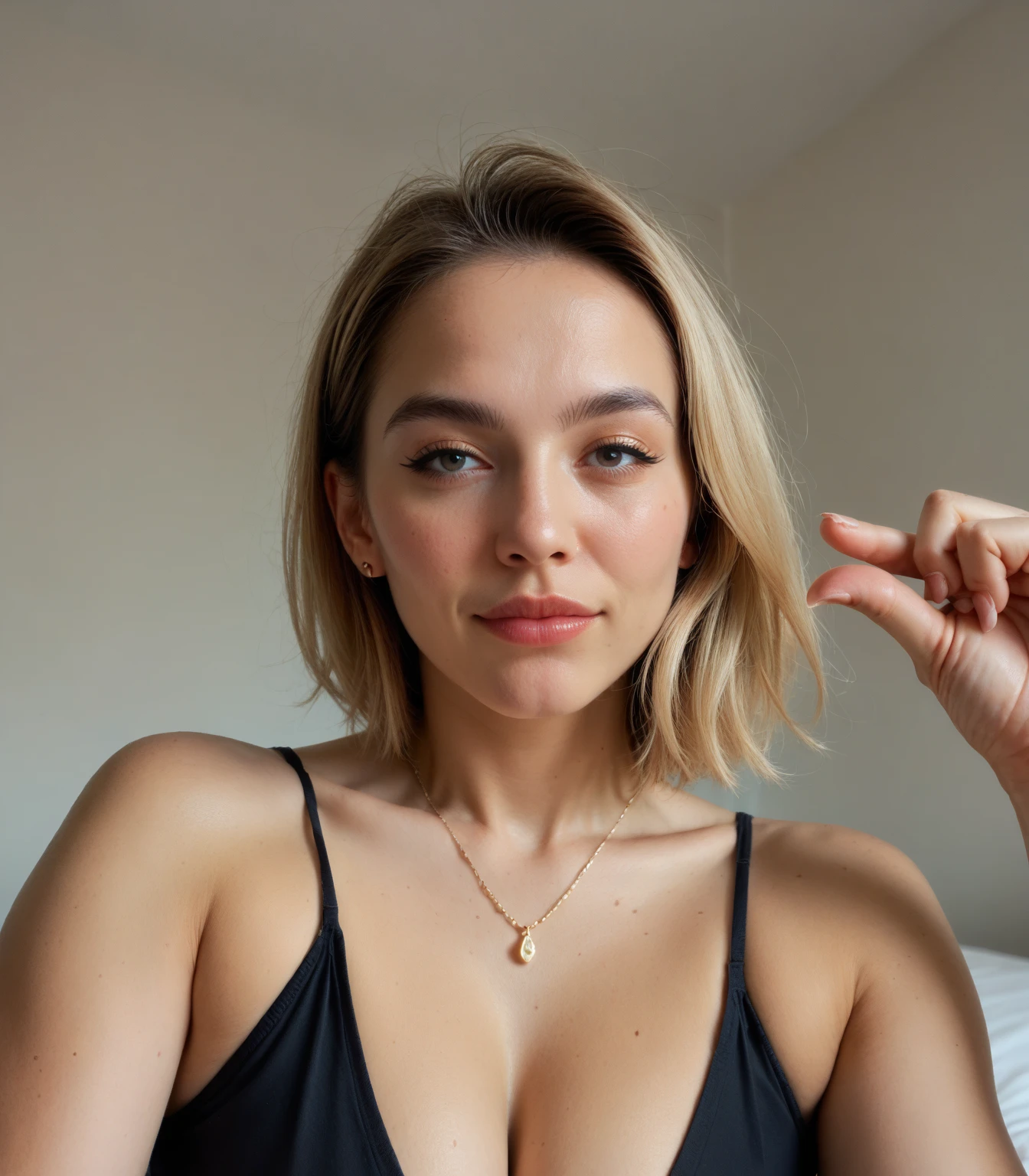 dunkelblond, 19 Jahre alte Frau, schwarze strapse, realistisch, fotorealistisch, (im Bett liegen), (auf Kissen liegen), Pretty, sexy, naturally, Pretty, moderner Hintergrund, seductive, shy
