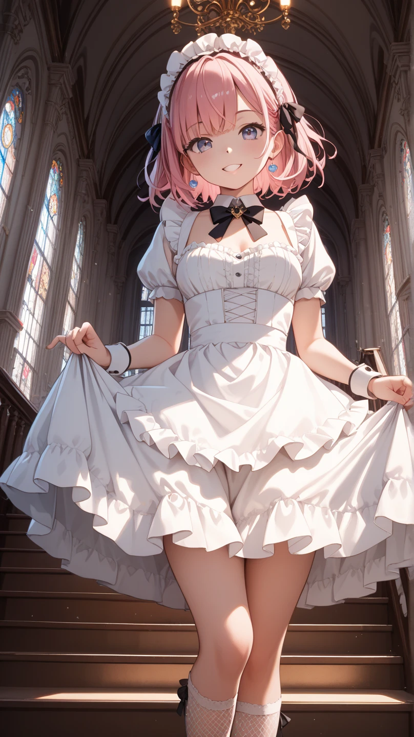 UHD, masterpiece, best quality, extremely detailed, anatomically correct, sharp focus, Midnight, Church , altar isle, 1girl, solo, (close-up), camilavtuber, pink hair, short hair, shoulder length hair, (black head wings:1.5) , (twin ponytail), purple eyes, facial mark, smiling, 1 devil wing on the back, choker with crucifix design, slim arms, white arm sleeves, white gloves, small chest,  wedding gown), white stockings, slim long legs, white high heels, standing up, standing upright, full body shot, full body pose, innocent pose, Eye-Level Shot, front view, innocent pose