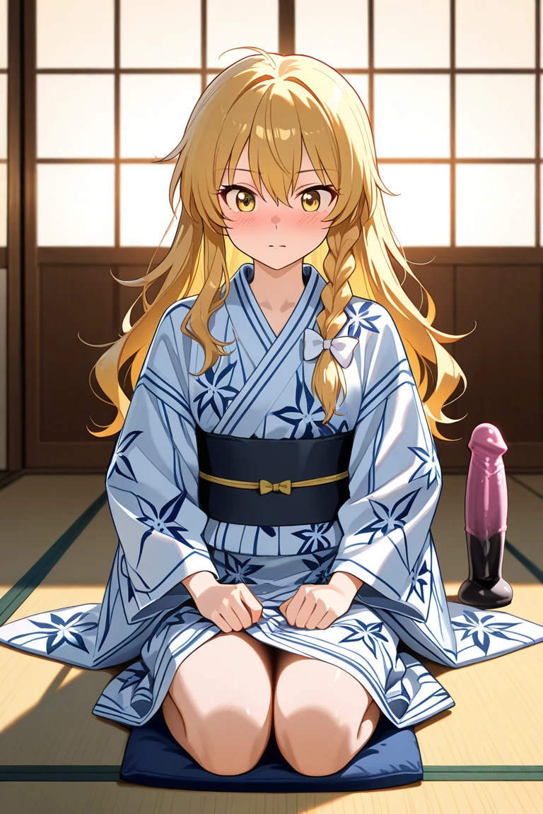 Inside,(night),Japanese-style room,steam,Rika Jougasaki,Yellow and orange hair hoop, yukata,undressing,blush,,blush,(naked),((Small breasts)), ((((1boy,vaginale,Sex,cum in pussy,Woman on top,Men are down)))),