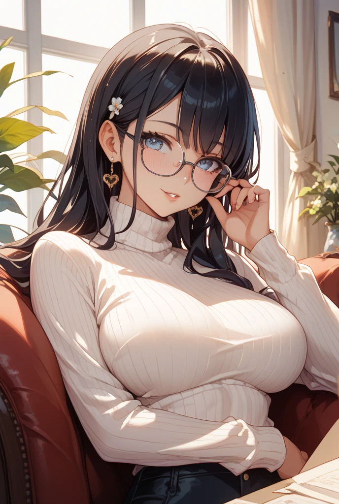 (Masterpiece), (8K size wallpaper), (best picture quality), Caustics, Detiled, American Adulterous Wife Gravure Specialized Top Model Private, knit clothing, loose knit sweater, bewitching, gravure pose, glasses, 20s virgin face, bra flashing, bra slightly visible from sweater collar, bending forward,