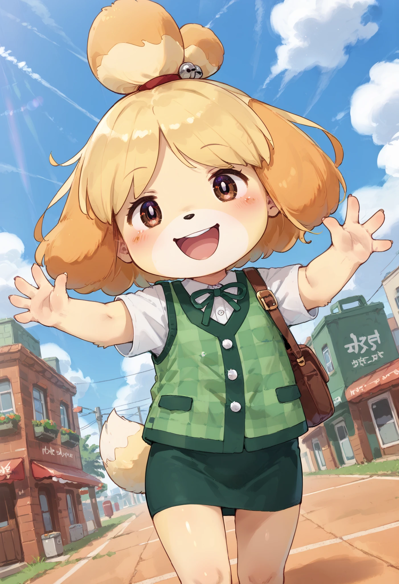 score_9, score_8_up, score_7_up, source_anime,dutch angle, absurdres,1girl,solo, dog girl, shizubelle, animal ears, furry female, blonde hair, tail,white shirt,short sleeve,green vest,checkered clothes,pencil skirt,smile,open mouth,outstretched arm,waving,