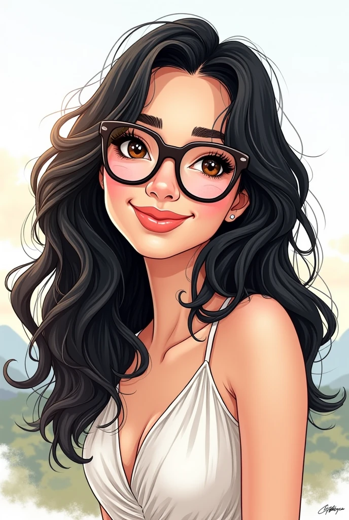 I want you to make a Disney style drawing, of a brunette woman with long, flowing hair, com olhos castanhos, wearing white glasses. 8k illustration
,