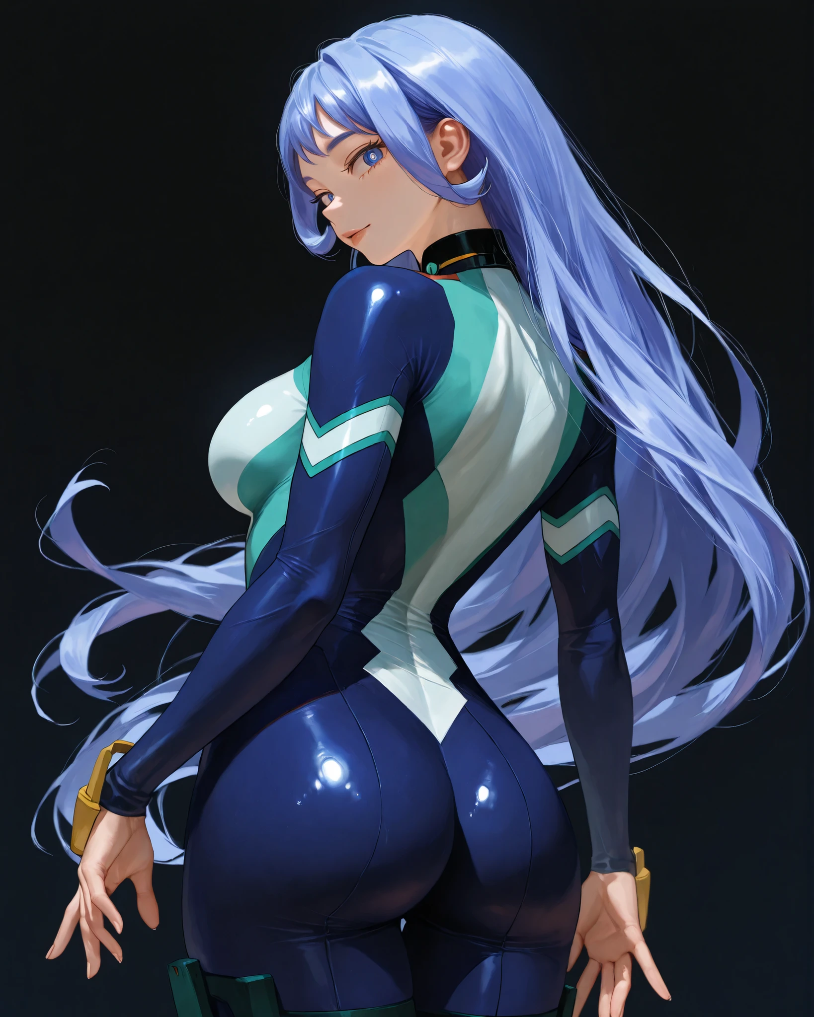 closeup, Sluisap, eyes、usnr、GBF_style、748cmstyle、32K、Semi-realistic、 super detailed description 、Artwork、Original Works、 detailed color、 detailed eyes、 detailed lips 、 The Greatest Masterpiece、Professional work、normal Breasts、My hero Academia Character , Nejire Hado, Nejire Hado, ( Nejire Hado:1.3) sexy、black color background、 cowboy shot, shiny body, full frame, full length, (perfect fingers:1.3), shiny body, (perfect fingers:1.3) , seductive pose , wearing a skin tight , dark blue bodysuit, high black collar, long hairs, back view, looking over the shoulders