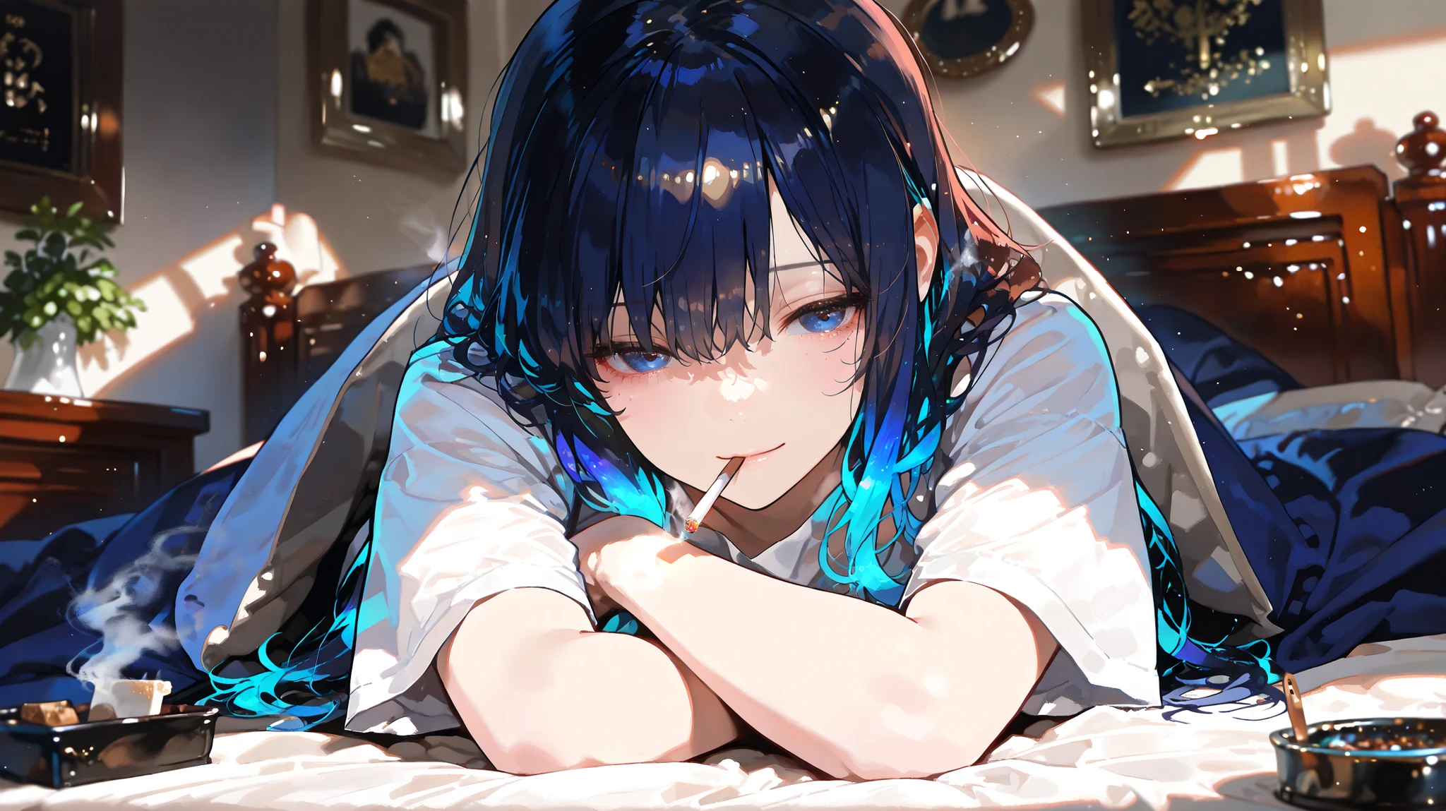 1girl, double exposure effect: her current self gazing at a ghostly overlay of her past self smiling, seated on the bed, same white shirt, same room but colors faded in overlay, cigarette untouched in ashtray  
(((masterpiece))), (((best quality))), (8k), (detailed illustration), (((detailed beautiful face and eyes))), (((super fine illustration))), cinematic lighting, cinematic angle, soft light, color detail, Depth of field, long exposure, light steps, intricate colors, vibrant colors, 748cmstyle,dark blue hair
