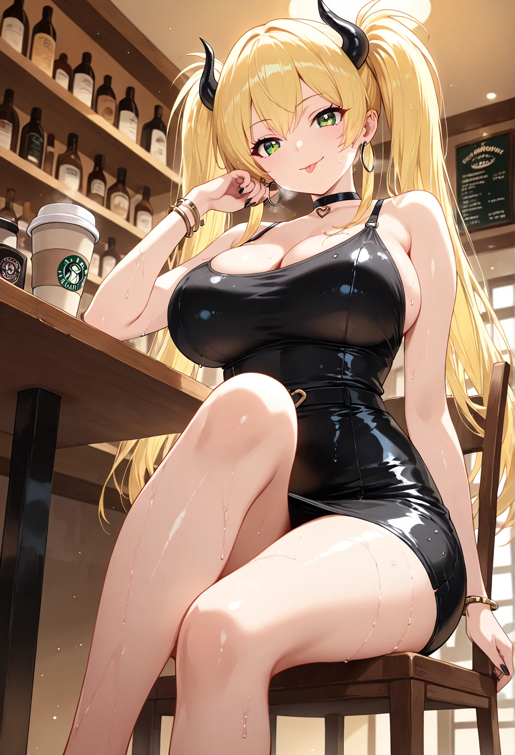hot blonde girl, curvy, best quality, sexy pose, very sexy girl, holding coffee