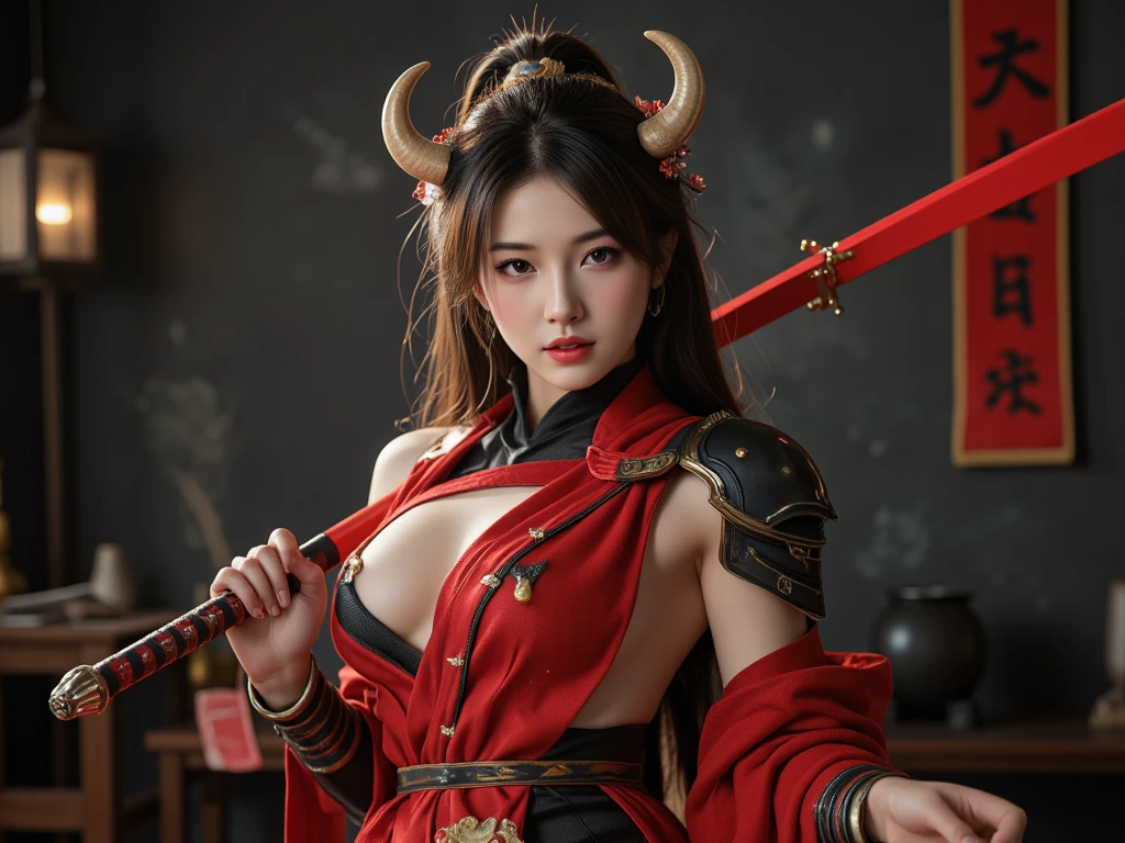 a close up of a woman in a red dress with a sword, Underworld dancer, a beautiful woman warrior, inspired by Chen Yifei, beautiful female warrior, epic exquisite  character art, dark demonic dancer, Inspired by Fenghua Zhong, beautiful elegant demon queen, cinematic goddess body shot, Female Warrior, full-body xianxia, Inspired by Feng Zhu