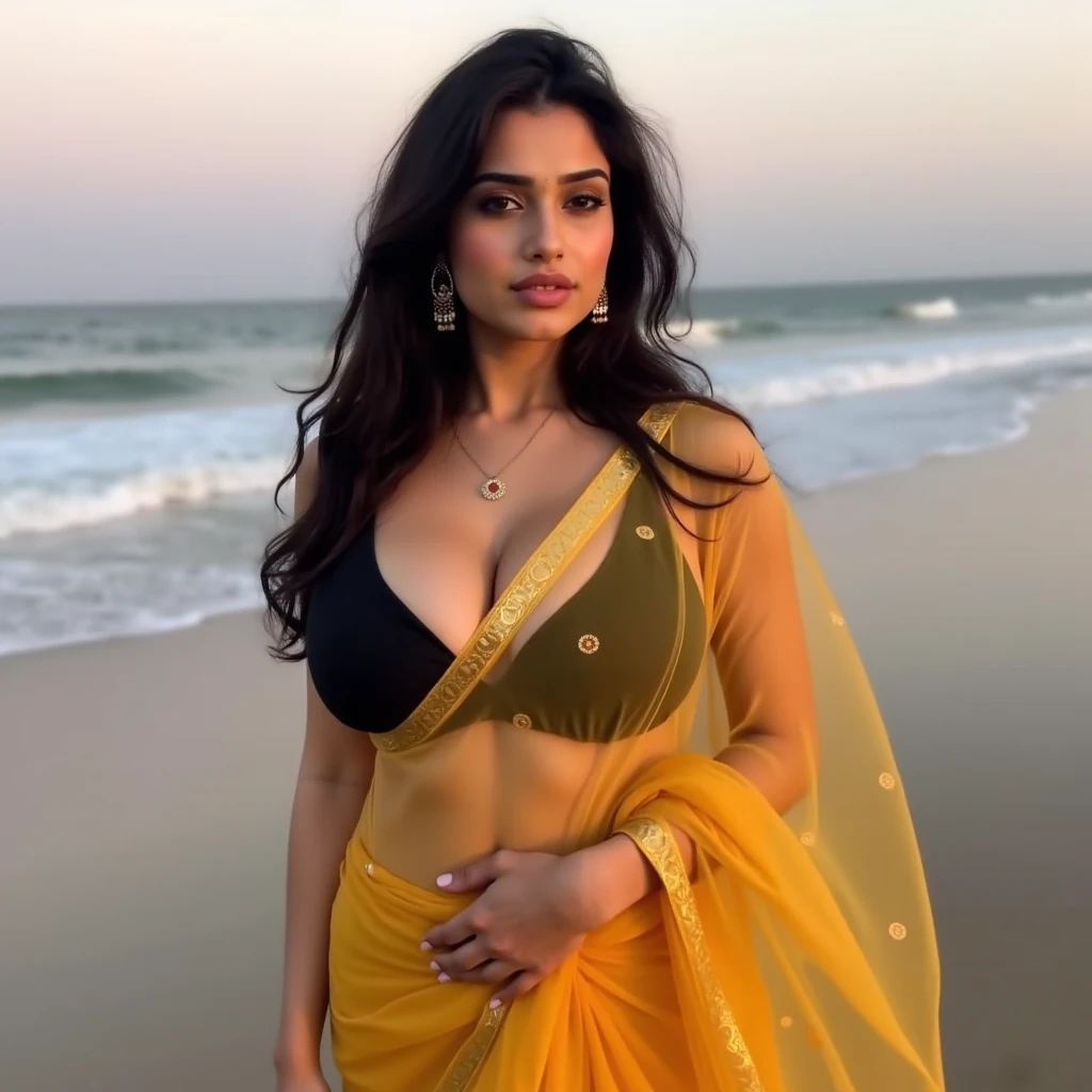 (((desi Indian girl))), cute face and charming hair, natural skin (((highly detailed face and skin texture, 8k, ultrarealistic))), ((Masterpiece: 1.3, best quality, crisp focuit girl, enjoying the sunset, happy face, with big boobs, (traditional indian dress), waist level pic