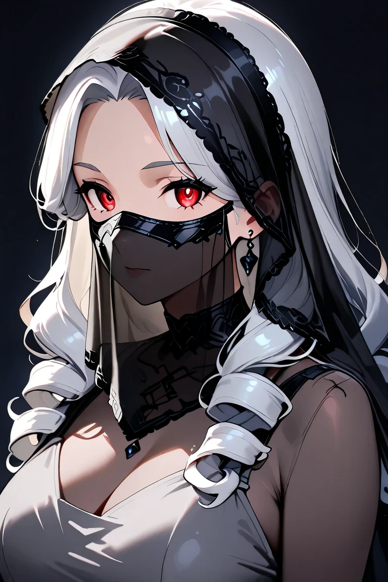 White elf girl, dark grey hair color, very long flowing hair, grey eye color, small eyes, realistic human eye shape, round eye shape, eyeliner, realistic face shape. black lace low cut lace shirt, portrait, wearing a black hood, black background, chest showing, NSFW, Depth of Field. looking at camera, dreamy look detailed eyes, detailed face, detailed skin, Ultra Detailed, Beautiful and Aesthetic, Masterpiece, Best Quality, shoulders showing. lace fabric, round chin shape. wearing black hood over hair. showing full upper body and face. wearing a black hood. hips showing, alot of flairs in background, zoomed out, hips exposed, black and gold. glowing, wearing a cool black face mask.