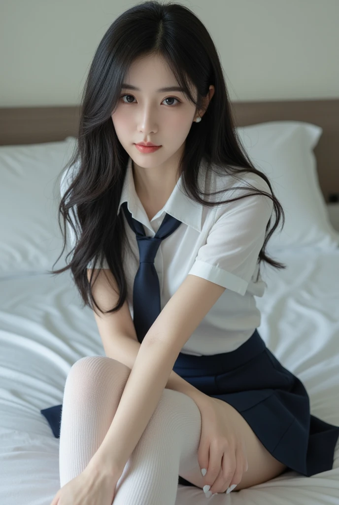 ultra realistic 8k cg, picture-perfect face, flawless, clean, masterpiece, professional artwork, famous artwork, perfect face, beautiful face, beautiful eyes, ((perfect female body)), solo,(immersive atmosphere, chiaroscuro:1.5,bright light:1.2,luminous lighting)
,,(blush:0.5),seductive expression,extremely detailed_eyes,thick thighs,large breasts,
beautifully detailed background,depth of field,realistic:1.3, long shot,1girl,shirt,pleated skirt, school uniform, sitting, full body,
(ambient light:1.3),(cinematic composition:1.3),(neon lights:0.1),(HDR:0.1),Accent Lighting, white pantyhose,