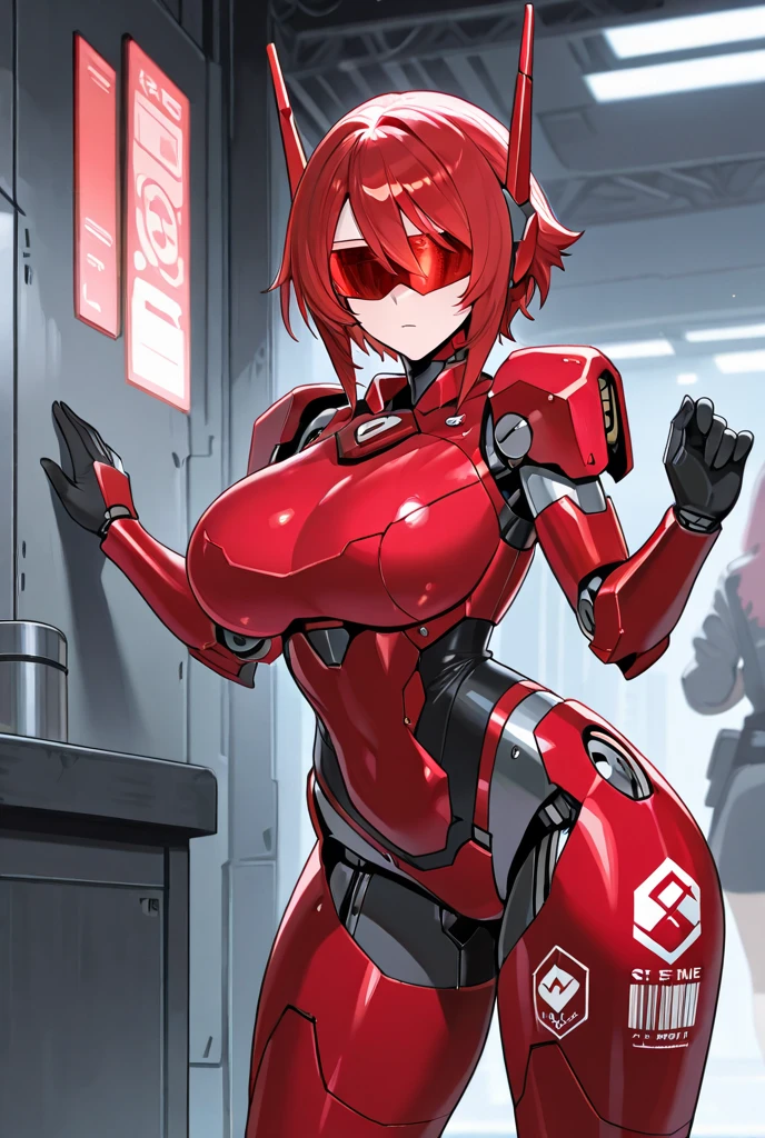 18-year-old girl，Baby Face，Crimson short-haired，ponytail hairstyle，Smile，Huge breasts，cleavage，Sheer red sleeveless top，Leave space in the middle to reveal cleavage，Soaked all over，Blushing，green eyes，Female spy，Red miniskirt，White gloves，White hand sleeves，White boots，Science fiction，Future，Inside the mecha combat robot warehouse，robot driver，Pistol hanging on waist，No bangs，Wearing earrings only on one side，Lipstick