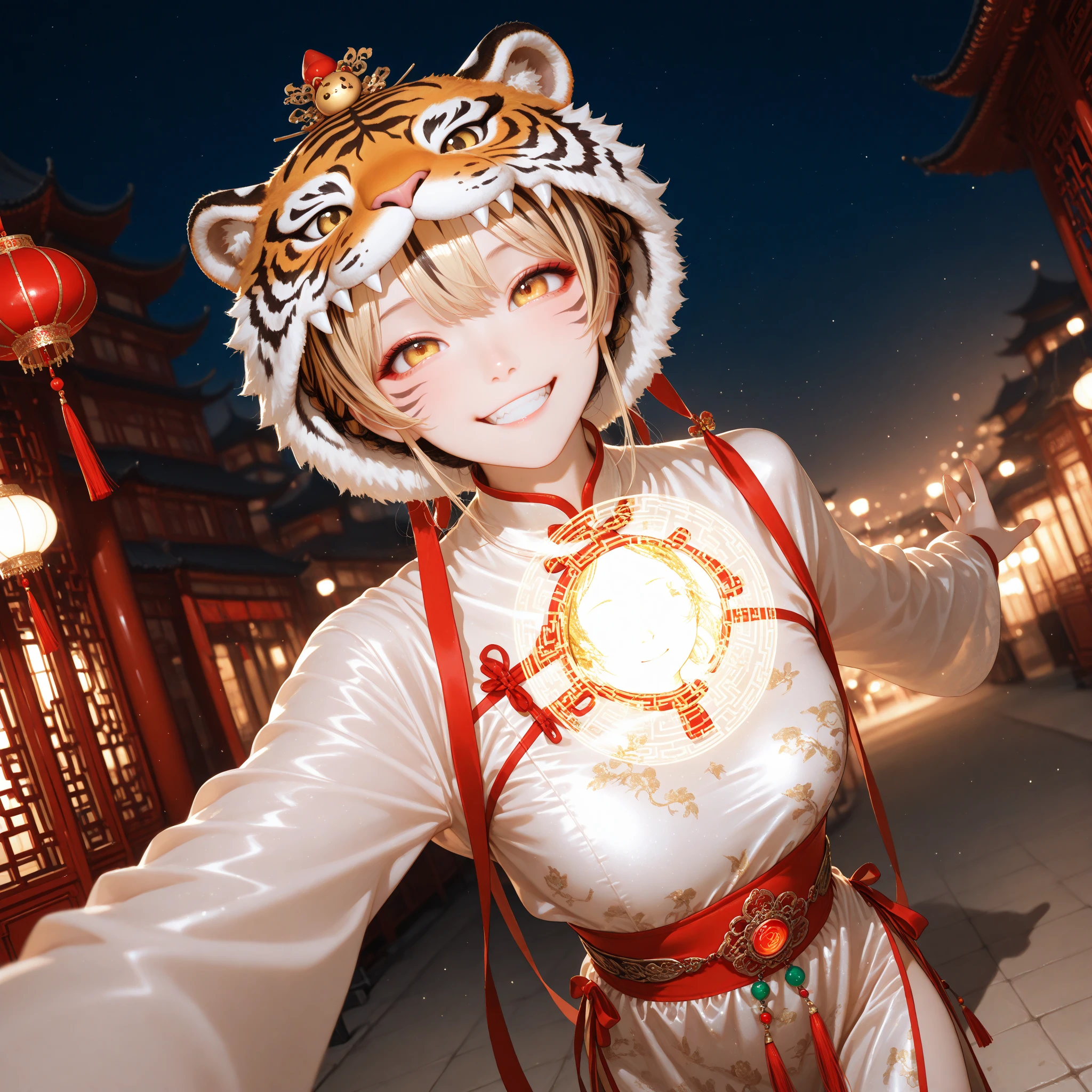 "Illustrate Tristana in her Firecracker skin from League of Legends by Riot Games, dressed in a festive, no having clothes,Lunar New Year outfit with fireworks and her ornate cannon, have massive k-cups, in a bustling, colorful festival with lanterns and fireworks lighting up the night sky."
