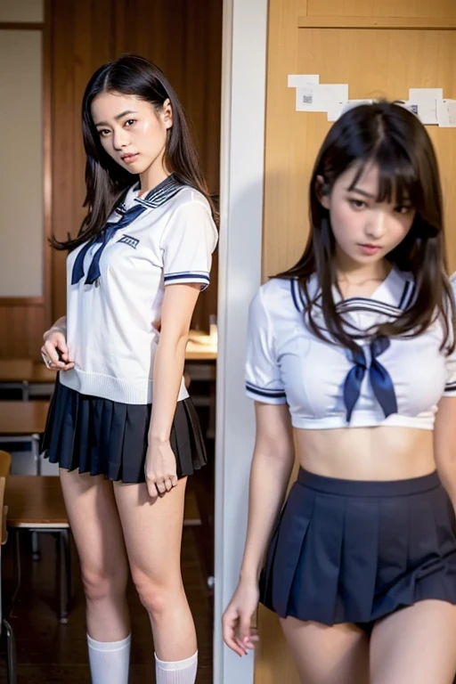 matured female , best quality, hires, detailed face , blouse , cute, shy, uniform, school, classroom, taking off clothes