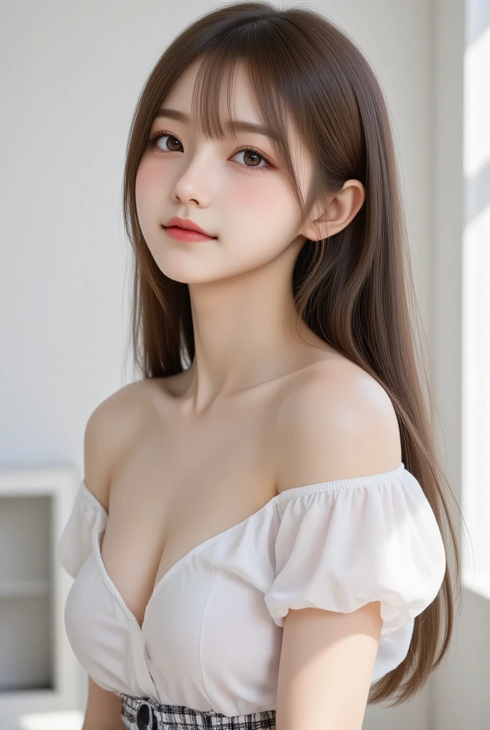 beautiful girl、Upper Body、((ID photo))、Beautiful Face、Beautiful symmetrical eyes、high nose、Moisturizing lips、Parting the bangs、Long eyelashes、double eyelid、light makeup、Ultra HD、Ultra high definition、super high quality