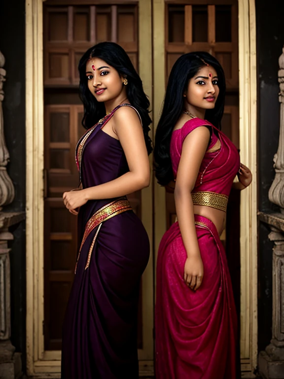 Portrait of A confident-looking indian girl with long flowing hair, hazel eyes, perfect composition, hyperrealistic, super detailed, 8k, high quality, trending art, trending on artstation, sharp focus, , intricate details, highly detailed, art by greg rutkowski ,rim light, key light, sky black color hair,wearing short violet tank top , long jacket with half drapped saree ,light color bed background, safe for work