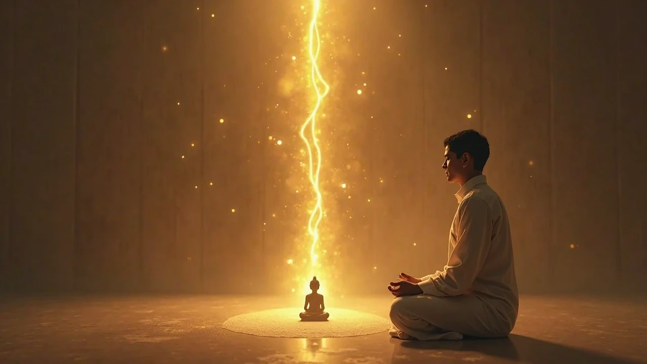 person meditating finding peace and joy of being, with various rays of energy around him, representing him finding in meditation something greater