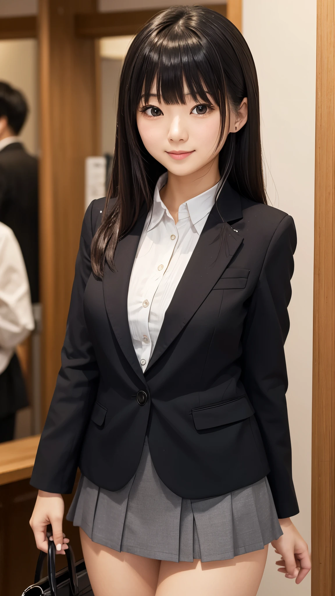 Highest quality、masterpiece、8k、Very detailed、Realistic、(One girl)、(Looking at me with a smile:1.5)、whole body、(Black Hair)、Small face、(Slender:1.2)、(Big Breasts:1.2)、(White business shirt with buttons and a collar:1.2)、(short tight skirt in gray,:1.2)、(Grey business jacket:1.2)
