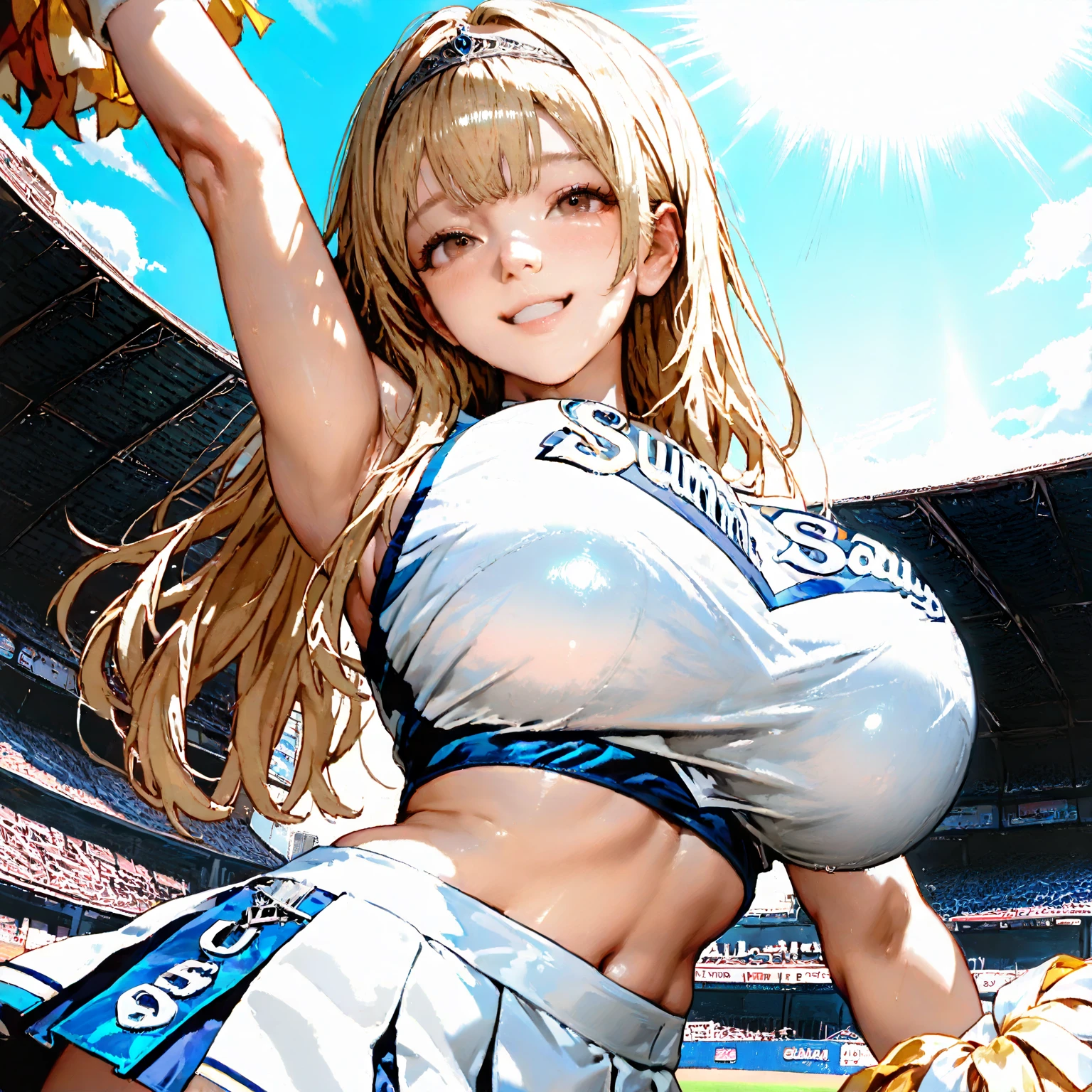 NSFW, ((1 female)), erotic, desire, desire, charm, sexy, mature body, despicable, big breasts, small ass, joy, Excited, Sweat, cheerleader, detailed and beautiful eyes, beautiful detailed lips, highly detailed eyes and face, long eyelashes, calm expression, soft lighting, Open atmosphere, stadium, Sweatを流して.