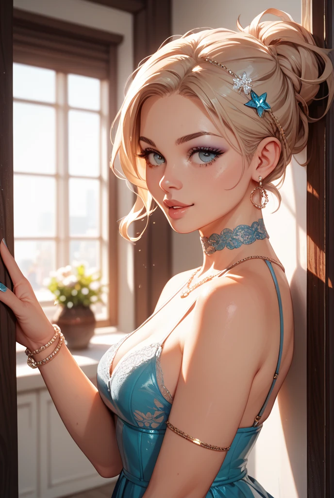 Superb masterpiece, upper body, (adult: 1.6) Hungarian woman, (giggle: 0.4), arms behind the head, golden braids, sparkling eyes, Victorian sun dress, floating light particles, centered, added facial detail, busty