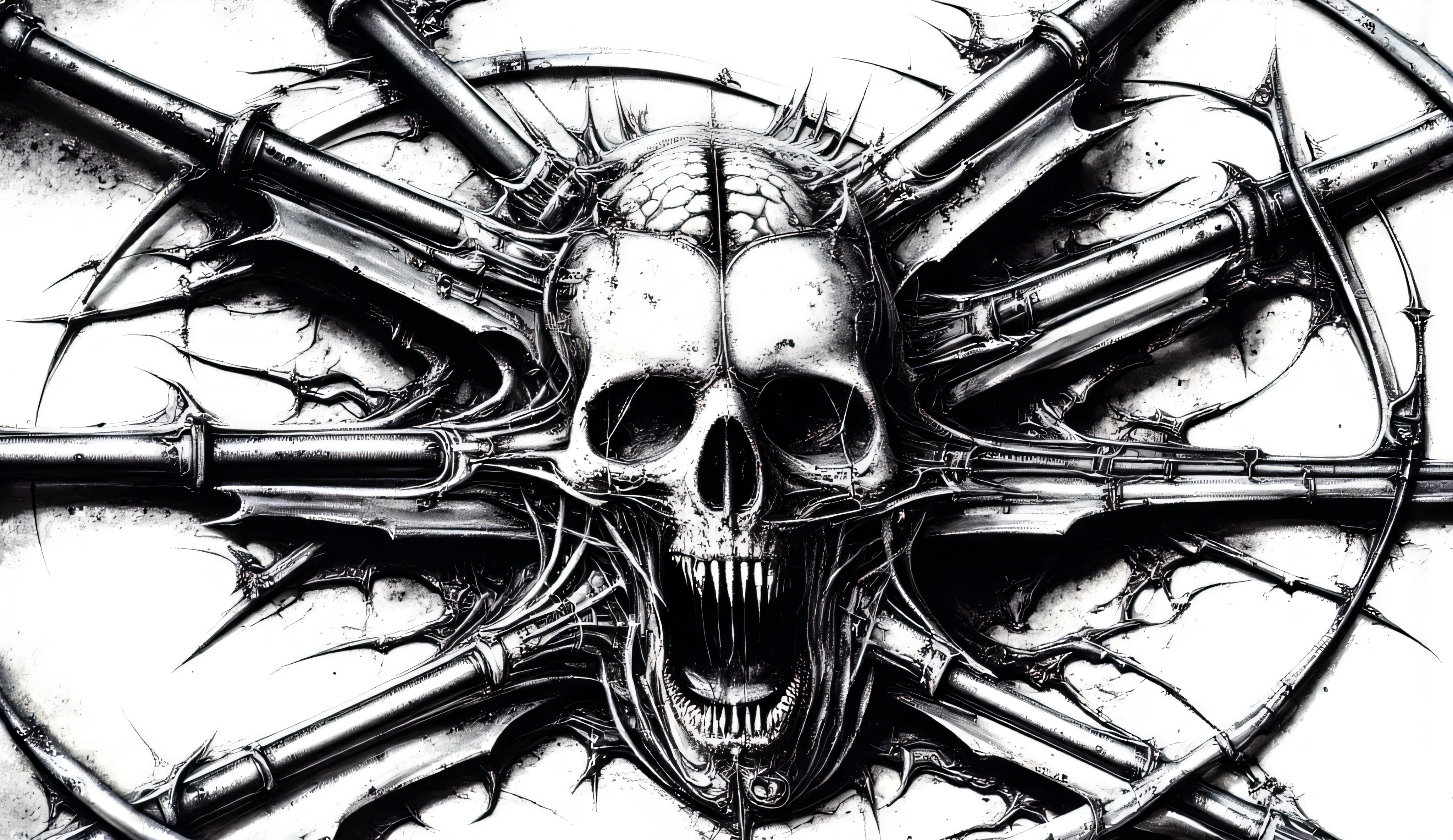 Logo. maximalism. drawing. The sharp blades of the scythes plunge into the human skull, taking out the brain. Monochrome image. horror