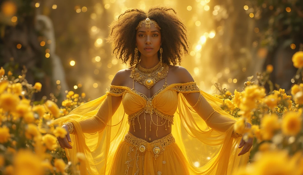 Un primer plano del rostro de una mujer afroamericana, bathed in warm shades of orange, como si estuviera iluminado por el suave resplandor de una puesta de sol, His eyes sparkled with joy and satisfaction.., enmarcado por mechones de cabello que fluyen flores, Cinematographer, photographed with a 35mm lens