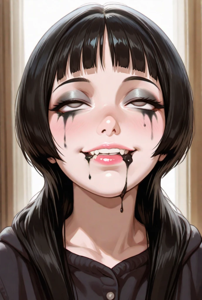 1 girl, (dirty brown skin:1.4), long hair, black eyes colour, mole next to eye, Goth collar, goth outfit, blushing, embarrassed, (high quality, masterpiece, add crazy amount of details:1.2), (small chest:1.2), (cum drooling from mouth:1.1), (ahegao face:1.1)