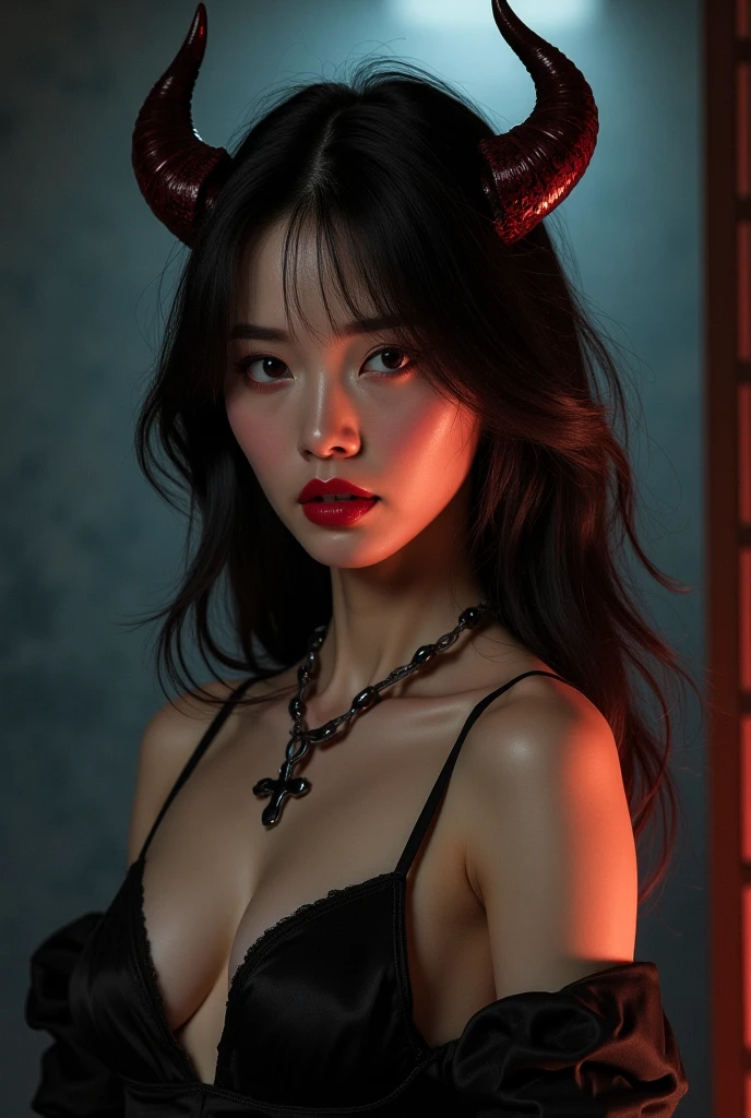 a cute korean busty woman in a black bra with a choker on her neck and a black choker around her neck, a hyperrealistic painting, Fan Qi, computer art, ultra realistic digital art. cinematic, colorful background, concept art, dramatic lighting, high detail, highly detailed, hyper realistic, intricate, intricate sharp details, octane render, smooth, studio lighting, trending on artstation.