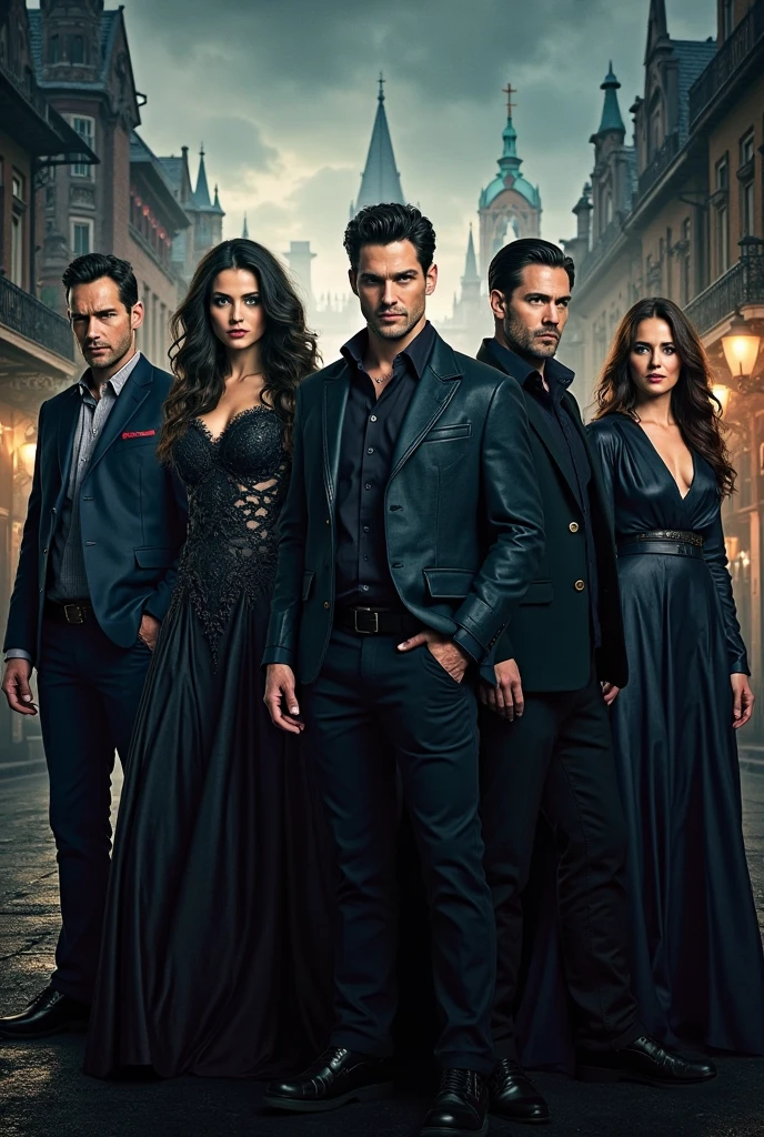 Un image pour la saison 8 de thés Vampire Diaries avec en premier plan Elena Gilbert et Rebekah Miaekelson. Derrière Rebekah un homme métisse, au cheveux comme Yamine Lamal le footballeur espagnol, he has green eyes. Derrière Rebekah il y a Damon. Behind we can see Bonnie, Caroline and Klaus. 