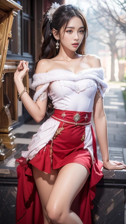 Woman with bright red hair extra long bright red hair with bangs and ironed hair big face and thick lips with braids smiling big breasts and hips dressed in a colorful tulip embroidered blanket blouse with a low neckline and a long skirt blanket with colorful tulip embroidery wide long with ruffles with high platform heels red hair in fashion classroom with a walked neckline standing with elegant platform heels smiling neckline with walking platform embroidery heels platform heels big breasts standing