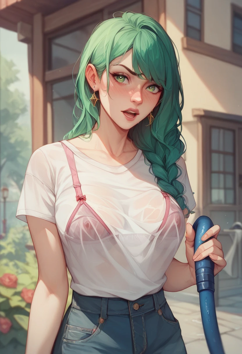 (masterpiece, best quality:1.4), 1 girl, 独奏, Anime style, Gray pupil, Blurred eyes, Holding pocky, Pink lower lip, Cyberpunk style makeup, Short silver asymmetrical hair, Asymmetrical short hairstyle, Long bangs on one side, Color highlights, Huge breasts, Black off-the-shoulder evening dress, Yellow-green background.