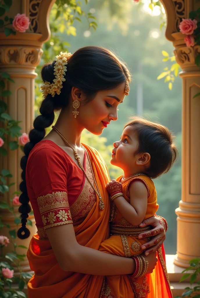 {{master part, best quality, CG extremamente detalhado, Unity 8k papel de parede, Cinematic lighting}}, pintura a tinta tradicional chinesa, 1girl, 1Baby, Young woman holding a baby, corpo inteiro, arquitetura antiga, blue skies, dia ensolarado, arquitetura de madeira, protagonista proeminente, sorrir, olhos grandes, belos olhos detalhados, (seios grandes, clivagem), Bunda redonda, looking up at the audience, long eyelashes,