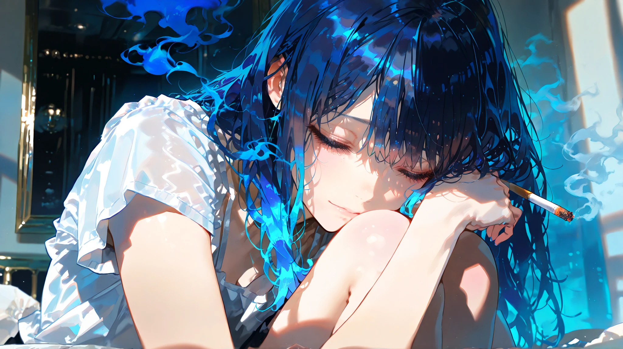 1girl, embracing herself gently, in the dimly lit room, cigarette smoke swirling around her, warm and cool light clashing subtly, bruises faintly visible on her arm, eyes closed but expression peaceful, white shirt slightly oversized, soft shadows across her face
(((masterpiece))), (((best quality))), (8k), (detailed illustration), (((detailed beautiful face and eyes))), (((super fine illustration))), cinematic lighting, cinematic angle, soft light, color detail, Depth of field, long exposure, light steps, intricate colors, vibrant colors, 748cmstyle,dark blue hair