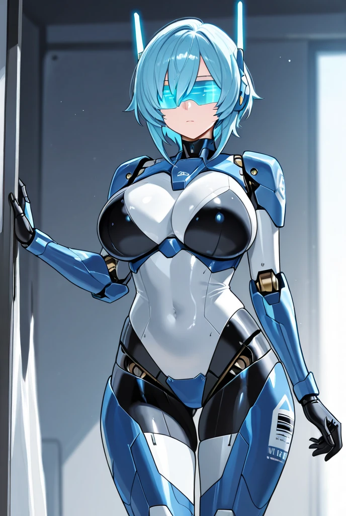 1girl, light skin, light-skinned female, light smile, smile, very short hair, happy, large breasts, breasts, wide hips, thick thighs, hourglass figure, mature female, toned, toned female, blue hair, blue eyes, bodysuit, futuristic, science-fiction, tech, machinery, black pantyhose, pantyhose, white bodysuit