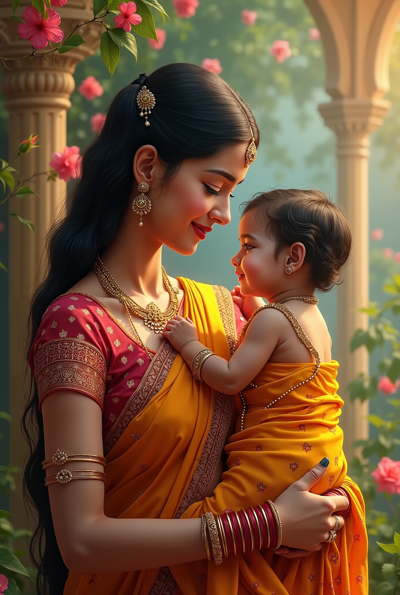 Create a image of a mother with her baby an Indian mother with her baby in a beautiful background
