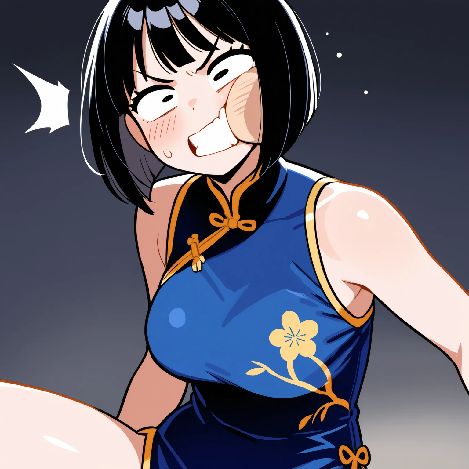 ((Tabletop, Highest quality, High resolution, Pixel Perfect, 4K, Browsing Caution)))、1 Girl, Beautiful woman、(((Muscular)))、((Bobcut、Blunt Bangs、Black Hair)), ((Yellow Eyes、Both eyes closed、Beautiful eyelashes, Realistic eyes)), ((Detailed face, blush:1.2)), ((Smooth texture:0.75, Realistic texture:0.65, Realistic:1.1, Anime CG Style))、Big nipples、((Huge breasts、Swollen nipples、Thick thighs)), Perfect body、Daytime Town、((((:d、blush))))、((Sweat、Steam from armpits))、(Right hand salute、Left hand on waist)、(Blue Jacket、Navy Blue Leotard)、Police Hat