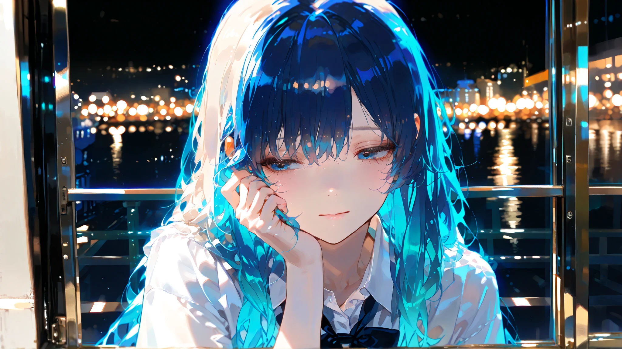 1girl, standing in the dark room, backlit by city lights through window, white shirt slightly open at collar, multicolored hair flowing gently, looking over her shoulder with a bitter expression, one tear running down her cheek, elegant posture hiding pain, hand clenched at her side
(((masterpiece))), (((best quality))), (8k), (detailed illustration), (((detailed beautiful face and eyes))), (((super fine illustration))), cinematic lighting, cinematic angle, soft light, color detail, Depth of field, long exposure, light steps, intricate colors, vibrant colors, 748cmstyle,blue hair