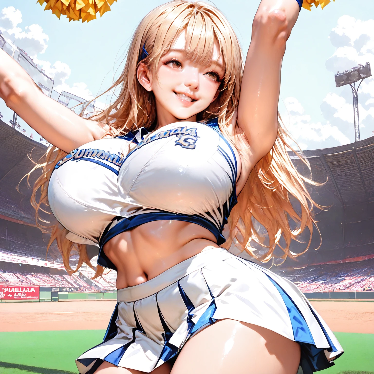 Absurd, Super detailedな,(In 8K:1.3),Masseter muscle area,(masterpiece:1.2)、(Highest quality)、4K、Super detailed、(Movement Structure:1.4)、(Shining Lights、Atmosphere lighting), High resolution, Best Quality、(One girl:1.4),Super detailedな,Bright colors、Treebreak Production Art、(Warm color light source:1.2),High-level image quality、Fine image quality、Intricate details,Volumetric Lighting,Realism BREAK、Profile、 Idol face、15 years old、Very beautiful face and eyes, Beautiful images、natural make up、 big eyes, (Big Tits:1.2)、(Breast bag:1.2)、(glossy skin :1.5)、(Baby Face:1.5)、 ( one leg up, standing:1.5)、Plump thighs、 (Stadium:1.2) 、 (blonde hair,wavy hair:1.2)、 (((wearing cheerleader costume)))、 smile、Y-shaped balance