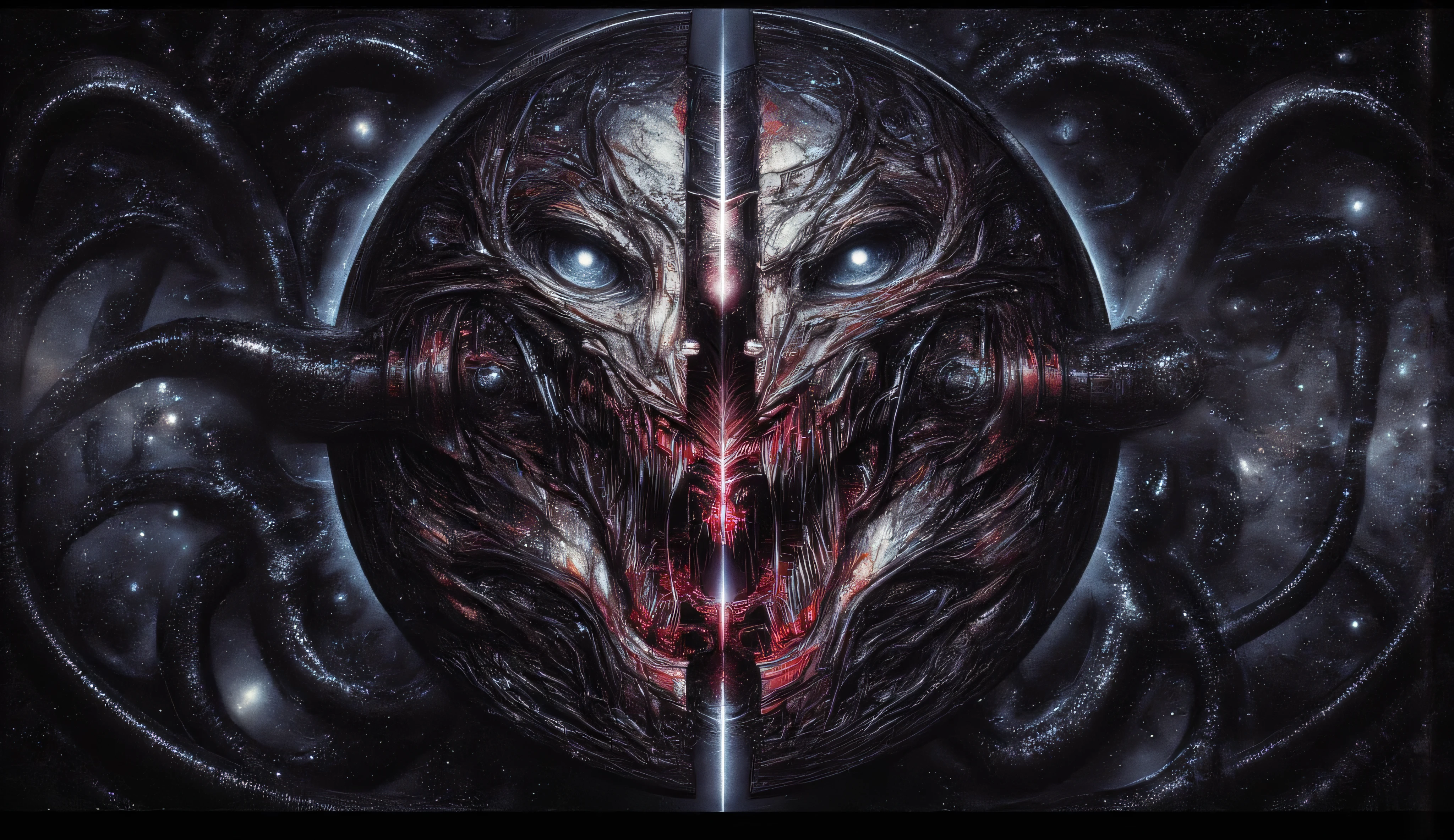 Logo. maximalism. drawing. the Milky Way galaxy, split in two. She's bleeding, and huge black tentacles, sharp teeth, and eyes are coming out of the wound. horror