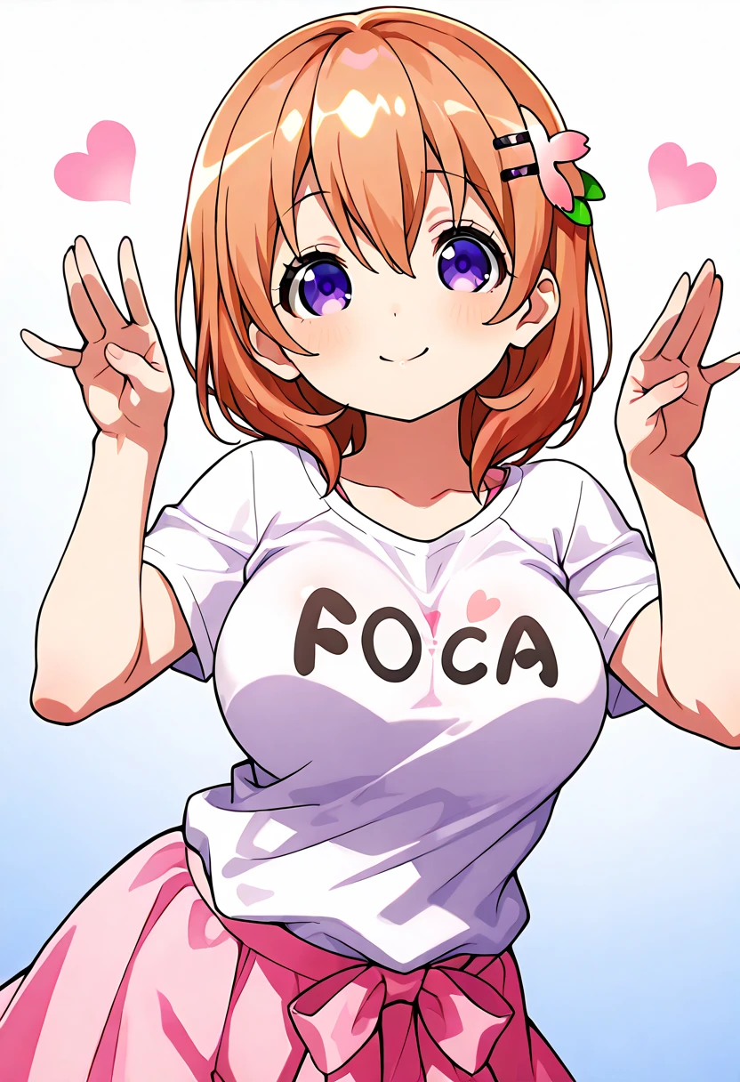 ((Best Quality)), ((Masterpiece)), (detailed), 1 girl, Pastel yellow hair, wide, hair covers one eye, purple eyes, big breasts, big thighs, I expressed smiling, Open mouth, blush, white voting t-shirt, purple skirt, brown pantyhose