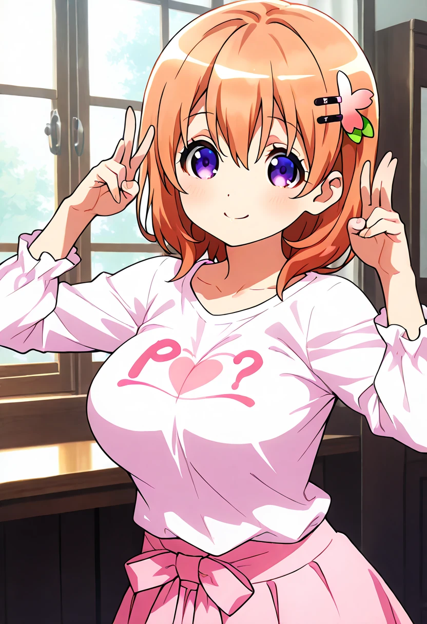 ((highest quality, 8K, masterpiece :1.3)),super detailed face, 1 adult female,Yuigahama Yui&#39;s mother,As I expected, my youth romantic comedy is wrong。,Gahamama,plump body,big breasts,bun hair,smile,white t-shirt,jeans,