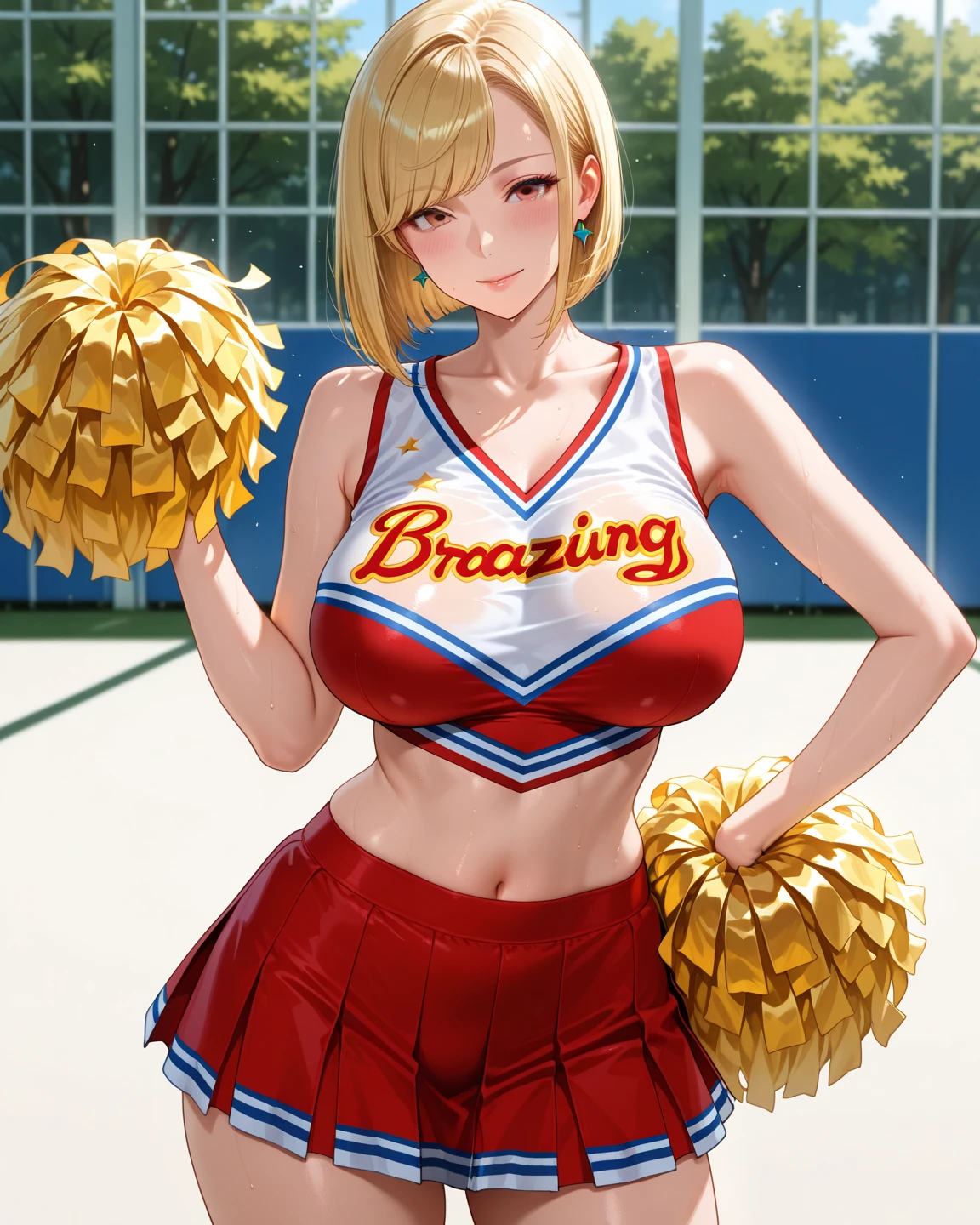 Score_9,score_8_up,score_7_up,1girl,hellsing,seras victoria,solo,looking at viewer,outdoors,nude,((cheerlader)),cheerleader clothes,knotted crop top,knotted shirt,huge breasts,hair over one eye,blue eyes,((smug smirk)),closed mouth,shorts,blonde hair,cheerleading,cheerleader,bulge,erection,erection through clothing,futa,futanari,huge erection