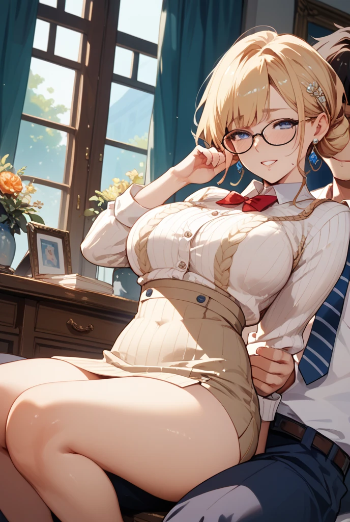 Highest quality、High resolution、Detailed Background、(Beautiful face in every detail:1.4)、Anatomically correct、(Normal number of fingers:1.2)、Highly detailed face、(Detailed eyes:1.2)、Teenage beauty、(Huge breasts:1.2)、Perfect body line、Light color hair、Braided bob cut、ponytail、Wavy Hairstyle、well-groomed eyebrows、Glasses、Sailor suit、JK Uniform、Pleated skirt、White Stockings、A big smile、blush、Accentuate your cleavage、Accentuate your breasts、
(The button on her uniform is broken and her breasts are spilling out:1.5)、(View from below of a girl sitting at a desk:1.5)、(Underboob:1.3)、(Panty Shot:1.2)、cute