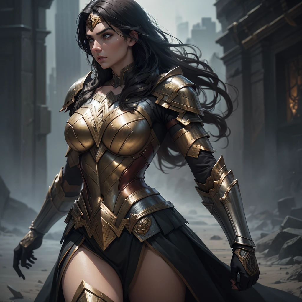 Powerful woman, full body, black fire in hand, black hair, long wavy hair, blue eyes, chaos power, armor, silver tiara crown on head, loose hair, serious gaze, shining eyes, slightly open mouth, red lips, castle background , White skin