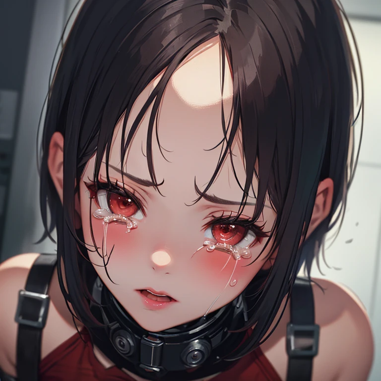 tmasterpiece, high qulity, best qualtiy, A high resolution, 4K, k hd, beautiful light up, very vey very detailed face, Well drawn hands, Well drawn legs, Well drawn feet, Well drawn eyes,1girll,KaedeDG, brown  hair, with brown eye, Open-vent openwork swimsuit,Red gauze dress,White top,Red tie,smallunderboob,Little ass,standing on your feet,is shy,wince，Plug gag， Gag plugs