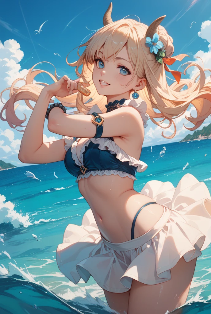 ung girl,Lively,Ocean,Sunlight,whole body,Sexy,holding rose in hand,contour,swimsuit,Imagine