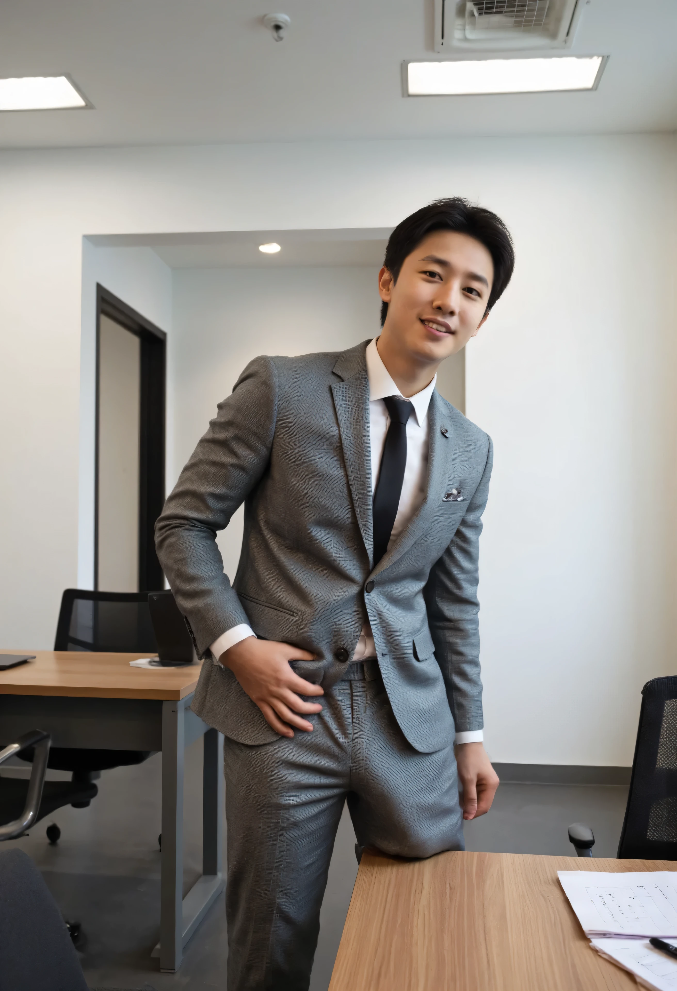 Young Asian guy wearing a handsome gray suit at the office, doing a tongue-in-cheek pose, showing a big bulge under the crotch of his pants, slanting up to the left, showing very big bulge in pant, photorealistic skin texture, Natural Realistic Full Body