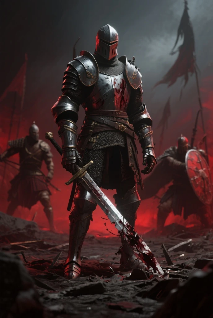 Sword, armor, shield, he stood above 100 corpses, blood, heavy rain, thuder stright, cloudy sky,