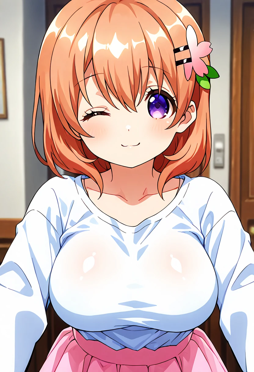 (Highest quality), (High resolution), (Pixel Perfect), (4K), (Beautiful Anime Girls), (Perfect Anatomy:1.5), (Perfect hands:1.5), (Perfect Fingers:1.5), Written boundary depth, Perfect body, yuigahama yui, Brown eyes, Detailed eyes, Single hair bun, (Big Breasts:1.5), (Close-up of the chest from below:1.5), Upper body naked, bedroom, White bed, blush, smile, (Big Breastsを手で寄せる:1.5), nsfw