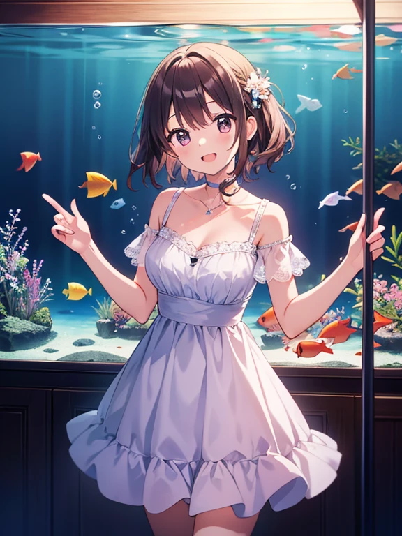 Irohaisshiki, isshiki iroha, short hair, Brown Hair, (Brown eyes:1.5), smile,Close your mouth,smile,Off-the-shoulder dress,mini skirt,Cute heeled sandals,Walking,巨大なガラス水槽で魚が泳ぐ美しいaquarium, きらめく光が幻想的なaquarium,whole bodyがイラストに入るように,
break indoors, aquarium,
break looking at viewer,whole body,
break (masterpiece:1.2), Highest quality, High resolution, unity 8k wallpaper, (figure:0.8), (Beautiful attention to detail:1.6), Highly detailed face, Perfect lighting, Highly detailed CG, (Perfect hands, Perfect Anatomy),